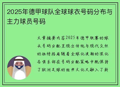 2025年德甲球队全球球衣号码分布与主力球员号码