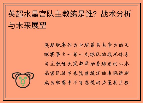 英超水晶宫队主教练是谁？战术分析与未来展望