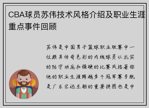 CBA球员苏伟技术风格介绍及职业生涯重点事件回顾
